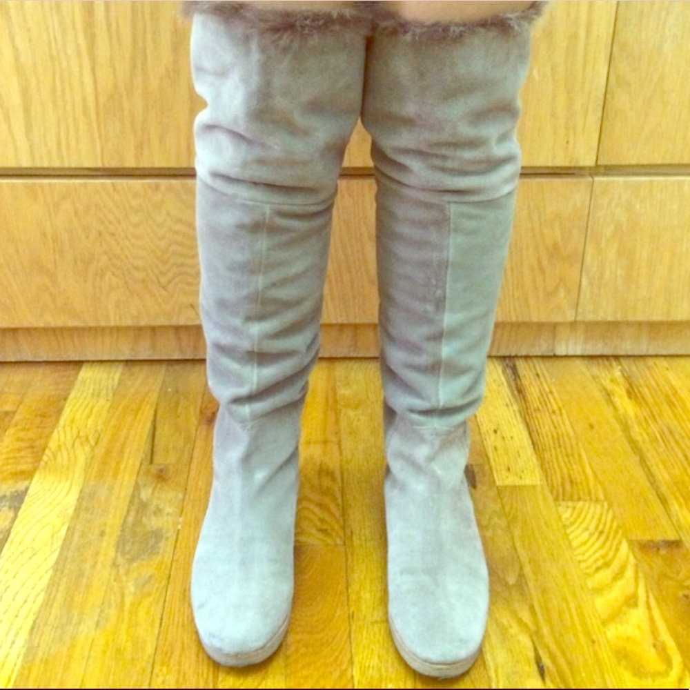sam edelman beige grey suede and fur boots